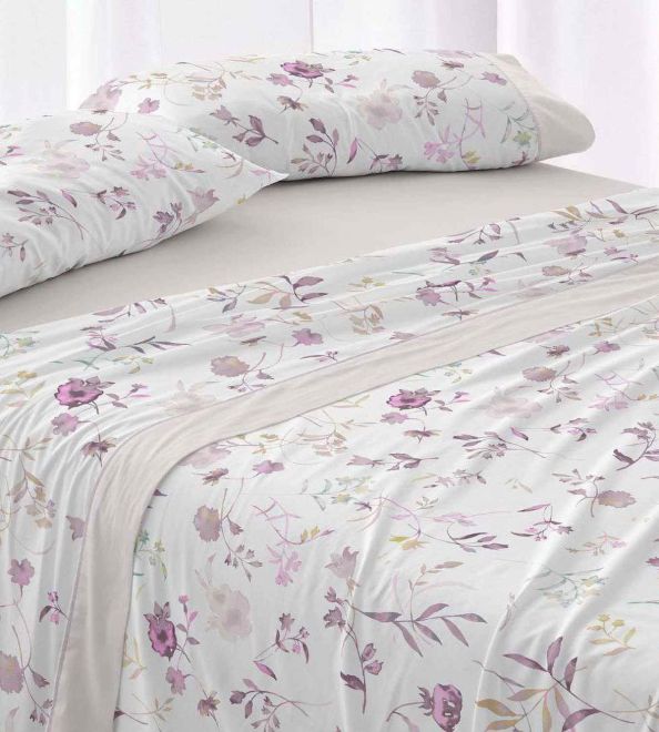 Juego de sábanas color nude diseño floral acuarelado 144