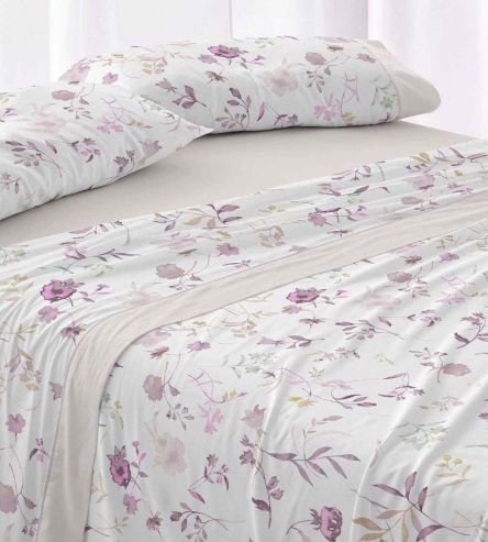 Juego de sábanas color nude diseño floral acuarelado 144